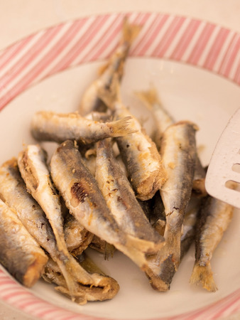 Fresh anchovies in the bowl close upの写真素材