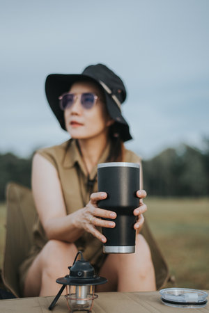 stylish hipster girl in hat and sunglasses drinking coffee in campingの写真素材