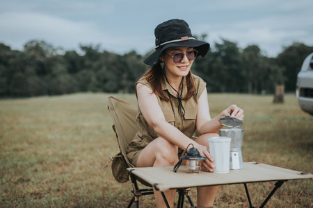 Young beautiful woman in hat and sunglasses sitting on camping chair and drinking water.の写真素材