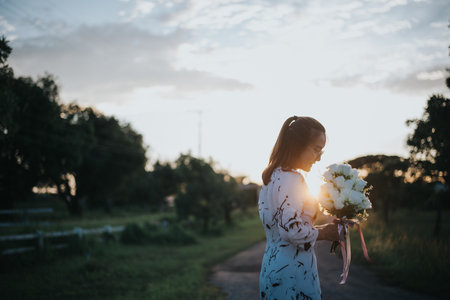 Beautiful asian woman holding a bouquet of flowers in the sunsetの写真素材