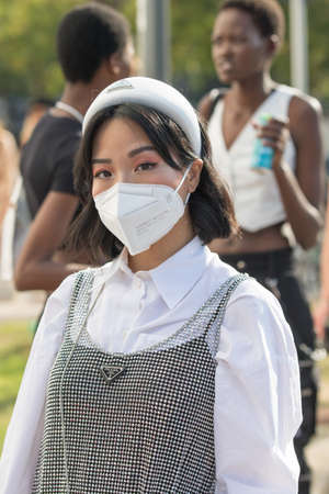 September 24, 2021: model wears a tank top made of glitter by Pradaのeditorial素材