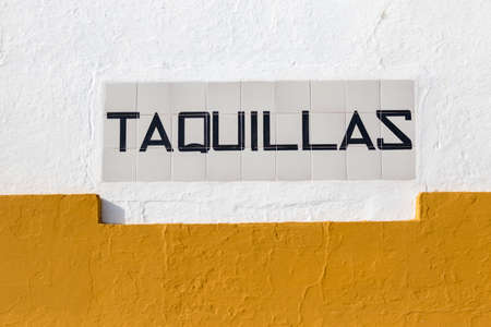 Seville, Spain - May 10, 2018: Ticket office sign near the Plaza de Toros in Sevilleのeditorial素材