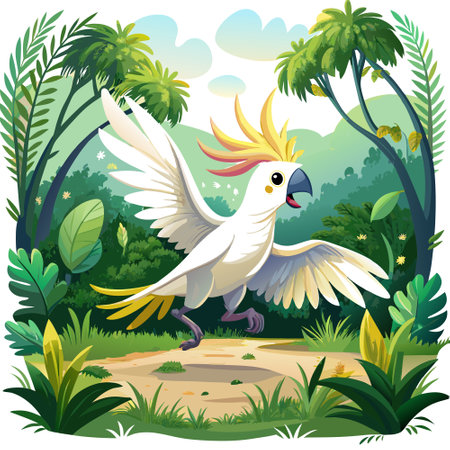 Cockatoo bird agile runs forest vector. AI generated image. Clipart cartoon design iconのイラスト素材
