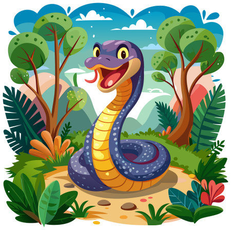 Cobra joyful sits forest vector. AI generated image. Clipart cartoon design iconのイラスト素材
