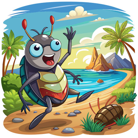 Common Beetle bug excited lies ocean vector. AI generated image. Clipart cartoon design iconのイラスト素材