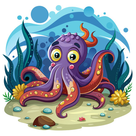 Common Octopus scared lies sea vector. AI generated image. Clipart cartoon design iconのイラスト素材