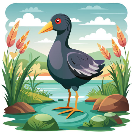 Coot duck sensitive stands lake vector. AI generated image. Clipart cartoon design iconのイラスト素材