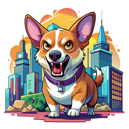 Corgidor dog angry goes city vector. AI generated image. Clipart cartoon design iconのイラスト素材