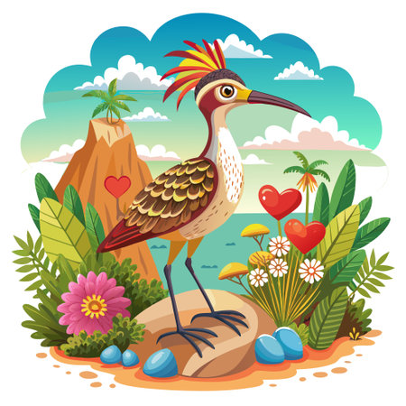 Curlew bird in love stay island vector. AI generated image. Clipart cartoon design iconのイラスト素材
