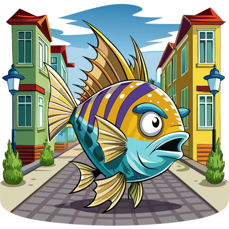 Damselfish fish hostile walks street vector. AI generated image. Clipart cartoon design iconのイラスト素材
