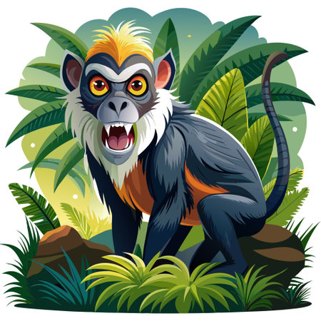 De Brazzas Monkey hostile lies jungle vector. AI generated image. Clipart cartoon design iconのイラスト素材