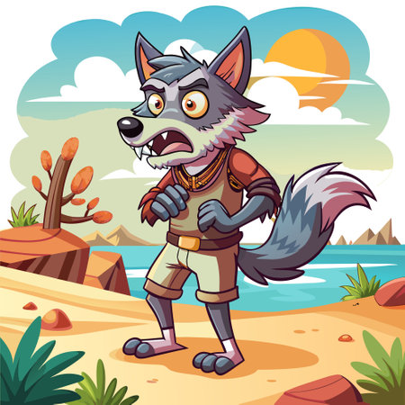 Desert Wolf dumbfounded lies sea vector. AI generated image. Clipart cartoon design iconのイラスト素材