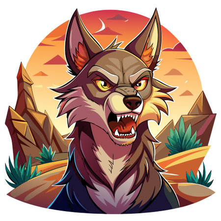 Desert Wolf disappointed angry island vector. AI generated image. Clipart cartoon design iconのイラスト素材