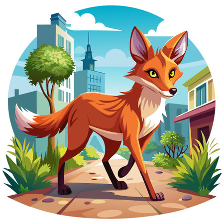 Dhole fox listening walks street vector. AI generated image. Clipart cartoon design iconのイラスト素材
