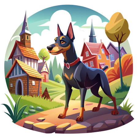 Doberman Pinscher dog soft walks village vector. AI generated image. Clipart cartoon design iconのイラスト素材