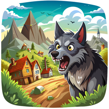 Dire Wolf in shock looks village vector. AI generated image. Clipart cartoon design iconのイラスト素材