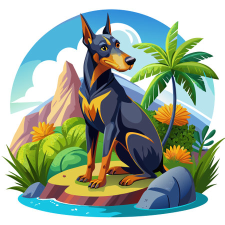 Doberman Pinscher dog shy passionate stay island vector. AI generated image. Clipart cartoon design iconのイラスト素材
