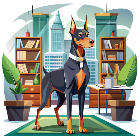 Doberman Pinscher dog shy stands office vector. AI generated image. Clipart cartoon design iconのイラスト素材