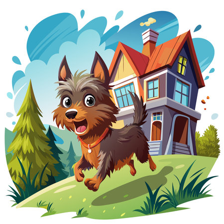 Dorkie dog stunned runs house vector. AI generated image. Clipart cartoon design iconのイラスト素材