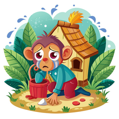 Douc monkey caring cries house vector. AI generated image. Clipart cartoon design iconのイラスト素材