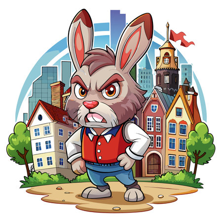 Dutch Rabbit distressed angry city vector. AI generated image. Clipart cartoon design iconのイラスト素材