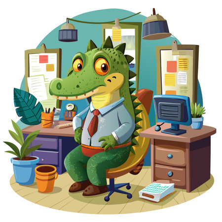 Dwarf Crocodile ignored sits office vector. AI generated image. Clipart cartoon design iconのイラスト素材