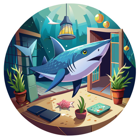 Dusky Shark fish deceived lies room vector. AI generated image. Clipart cartoon design iconのイラスト素材
