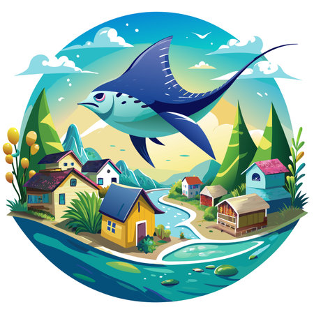 Eagle Ray fish soft looks village vector. AI generated image. Clipart cartoon design iconのイラスト素材