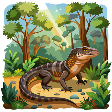 Earless Monitor Lizard agile laughs forest vector. AI generated image. Clipart cartoon design iconのイラスト素材