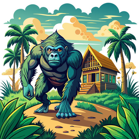 Eastern Gorilla monkey stunned walks house vector. AI generated image. Clipart cartoon design iconのイラスト素材