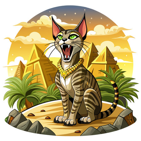 Egyptian Mau cat ardent rests ocean vector. AI generated image. Clipart cartoon design iconのイラスト素材