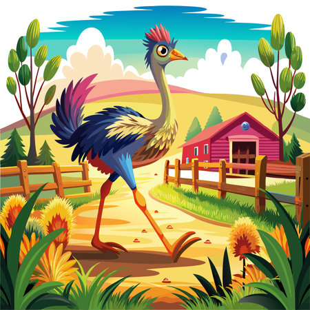 Emu bird jubilant walks farm vector. AI generated image. Clipart cartoon design iconのイラスト素材