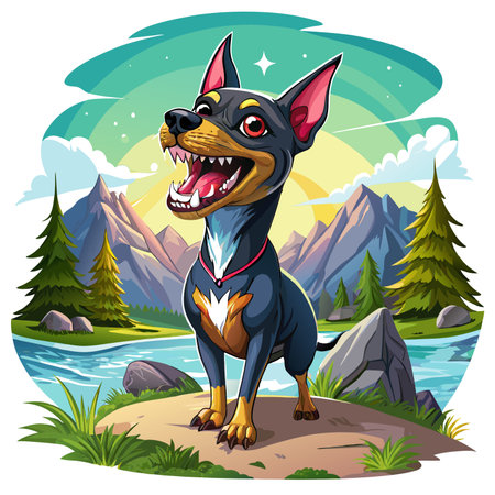 English Toy Terrier dog powerless laughs lake vector. AI generated image. Clipart cartoon design iconのイラスト素材