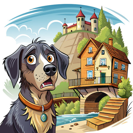 Epagneul Pont Audemer dog stunned looks house vector. AI generated image. Clipart cartoon design iconのイラスト素材