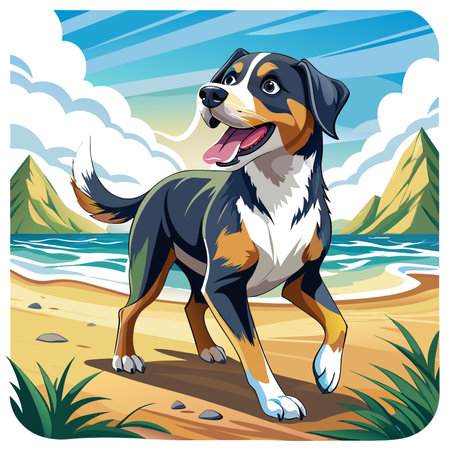 Entlebucher Mountain Dog shocked walks beach vector. AI generated image. Clipart cartoon design iconのイラスト素材