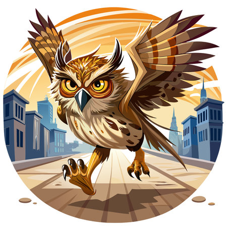 Eurasian Eagle Owl bird powerful runs street vector. AI generated image. Clipart cartoon design iconのイラスト素材