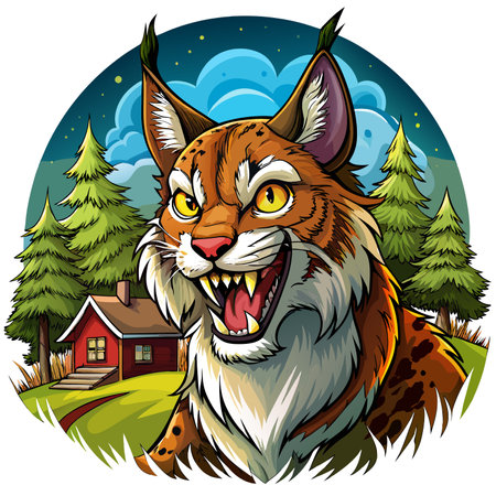Eurasian Lynx threatening lies city vector. AI generated image. Clipart cartoon design iconのイラスト素材