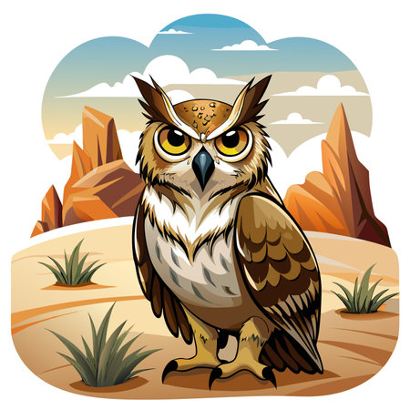 Eurasian Eagle Owl bird puzzled smiles desert vector. AI generated image. Clipart cartoon design iconのイラスト素材