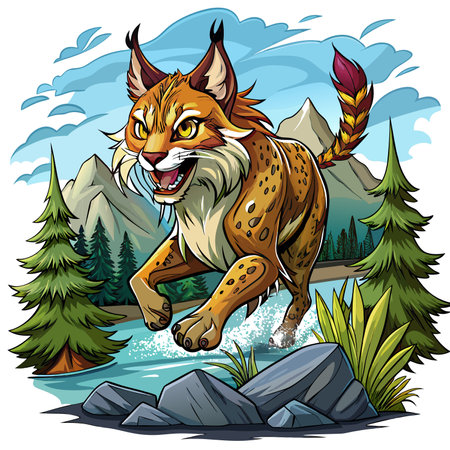 Eurasian Lynx timid looks house vector. AI generated image. Clipart cartoon design iconのイラスト素材