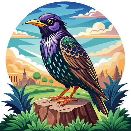 European Starling bird unhappy stay bank vector. AI generated image. Clipart cartoon design iconのイラスト素材
