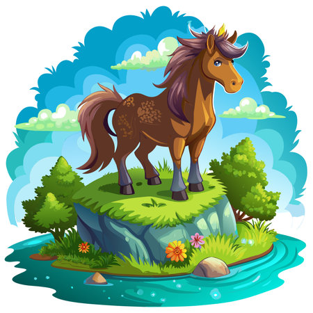 Exmoor Pony horse fabulous lies island vector. AI generated image. Clipart cartoon design iconのイラスト素材
