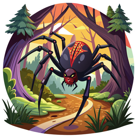 False Black Widow Spider rejected runs forest vector. AI generated image. Clipart cartoon design iconのイラスト素材