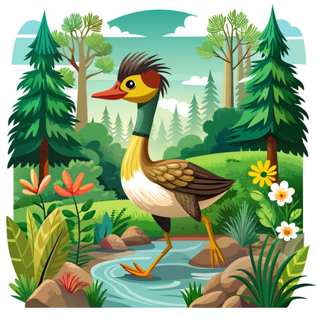 Eared Grebe duck sympathetic walks forest vector. AI generated image. Clipart cartoon design iconのイラスト素材