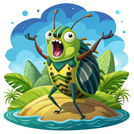 Cucumber Beetle bug fired smiles room vector. AI generated image. Clipart cartoon design iconのイラスト素材