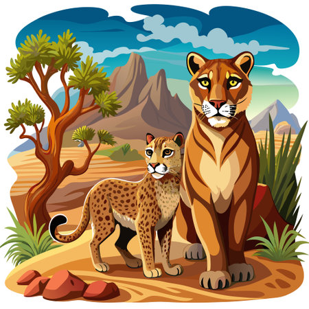 Cougar leopard devoted goes desert vector. AI generated image. Clipart cartoon design iconのイラスト素材