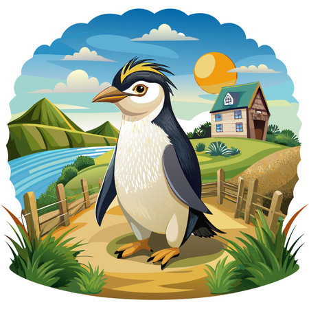 Fiordland Crested Penguin helpless stands farm vector. AI generated image. Clipart cartoon design iconのイラスト素材