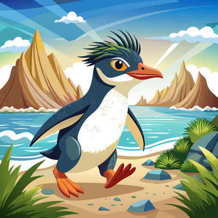 Fiordland Crested Penguin gloomy runs beach vector. AI generated image. Clipart cartoon design iconのイラスト素材