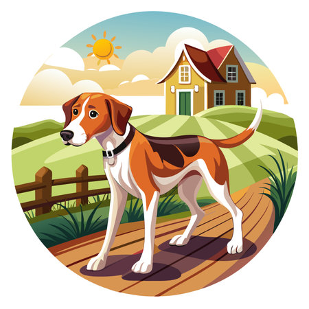 Foxhound dog deceived walks farm vector. AI generated image. Clipart cartoon design iconのイラスト素材