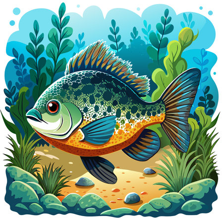 Freshwater Sunfish fish sullen rests ocean vector. AI generated image. Clipart cartoon design iconのイラスト素材