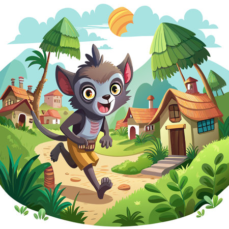 Galago monkey helpful runs village vector. AI generated image. Clipart cartoon design iconのイラスト素材